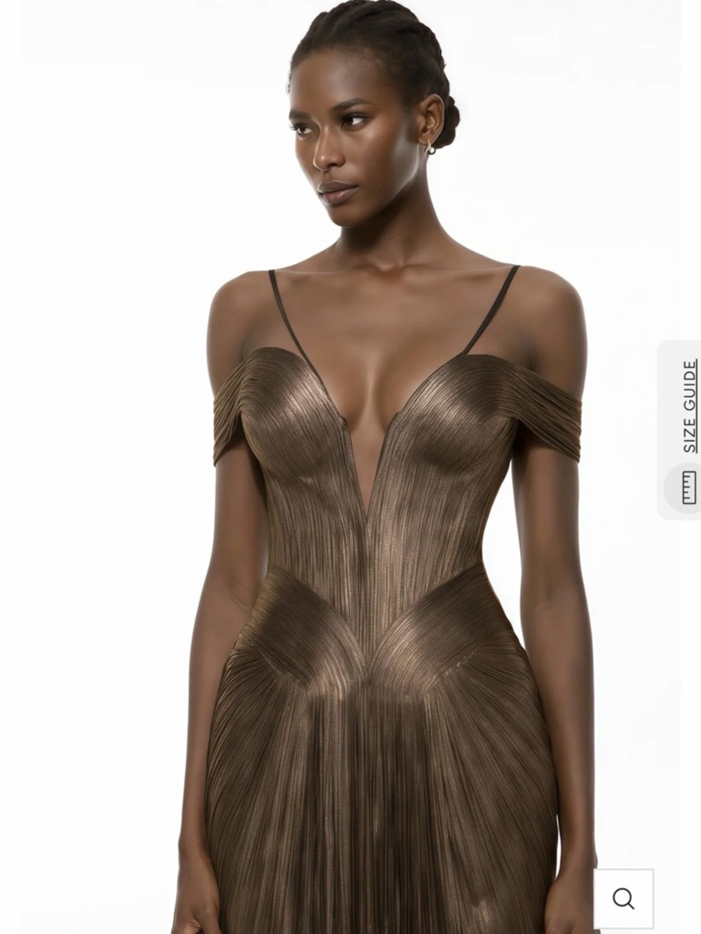 Off-Shoulder V-Neck Evening Gown in Bronze